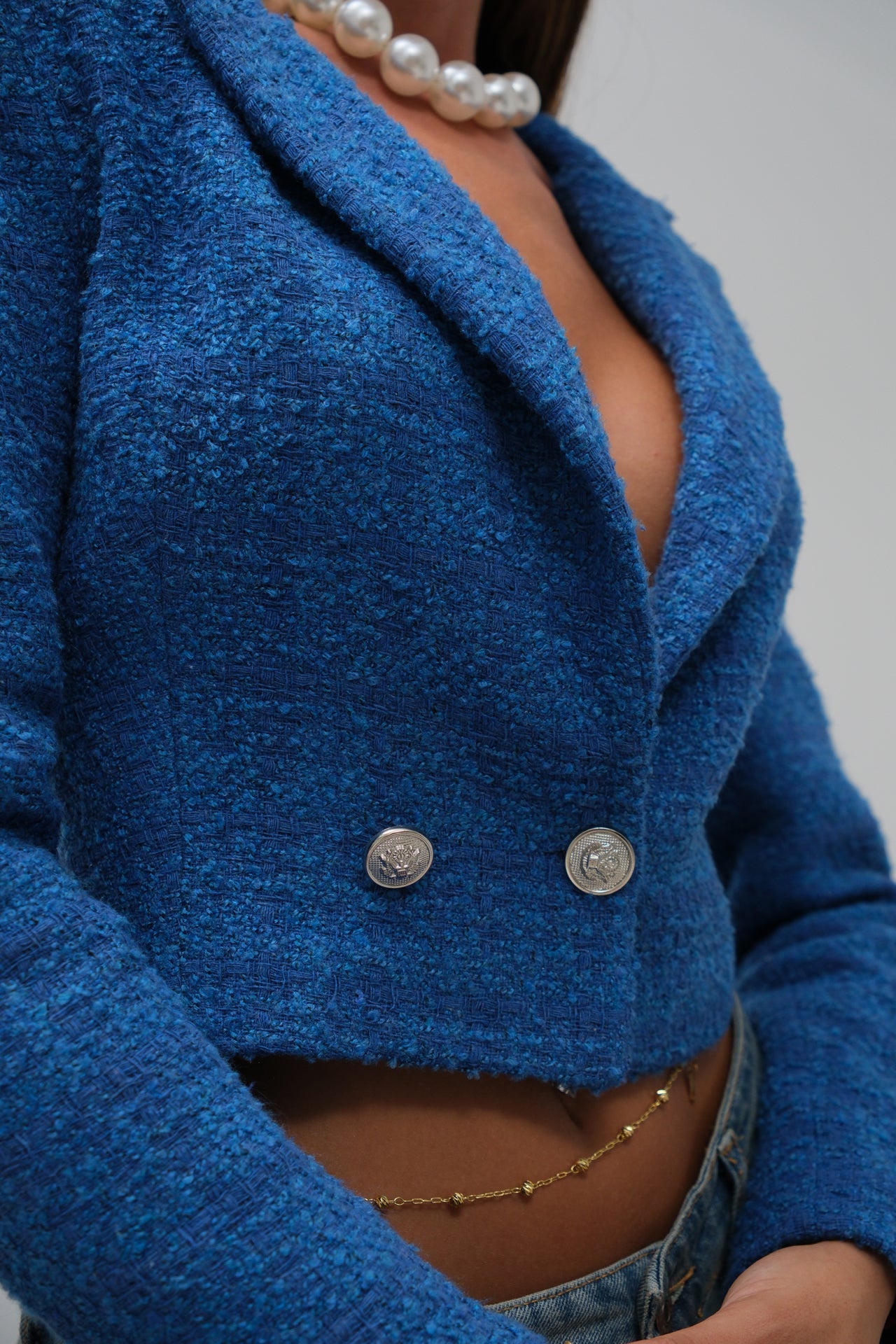 Tweed Crop Sax Blue Blazer Jacket