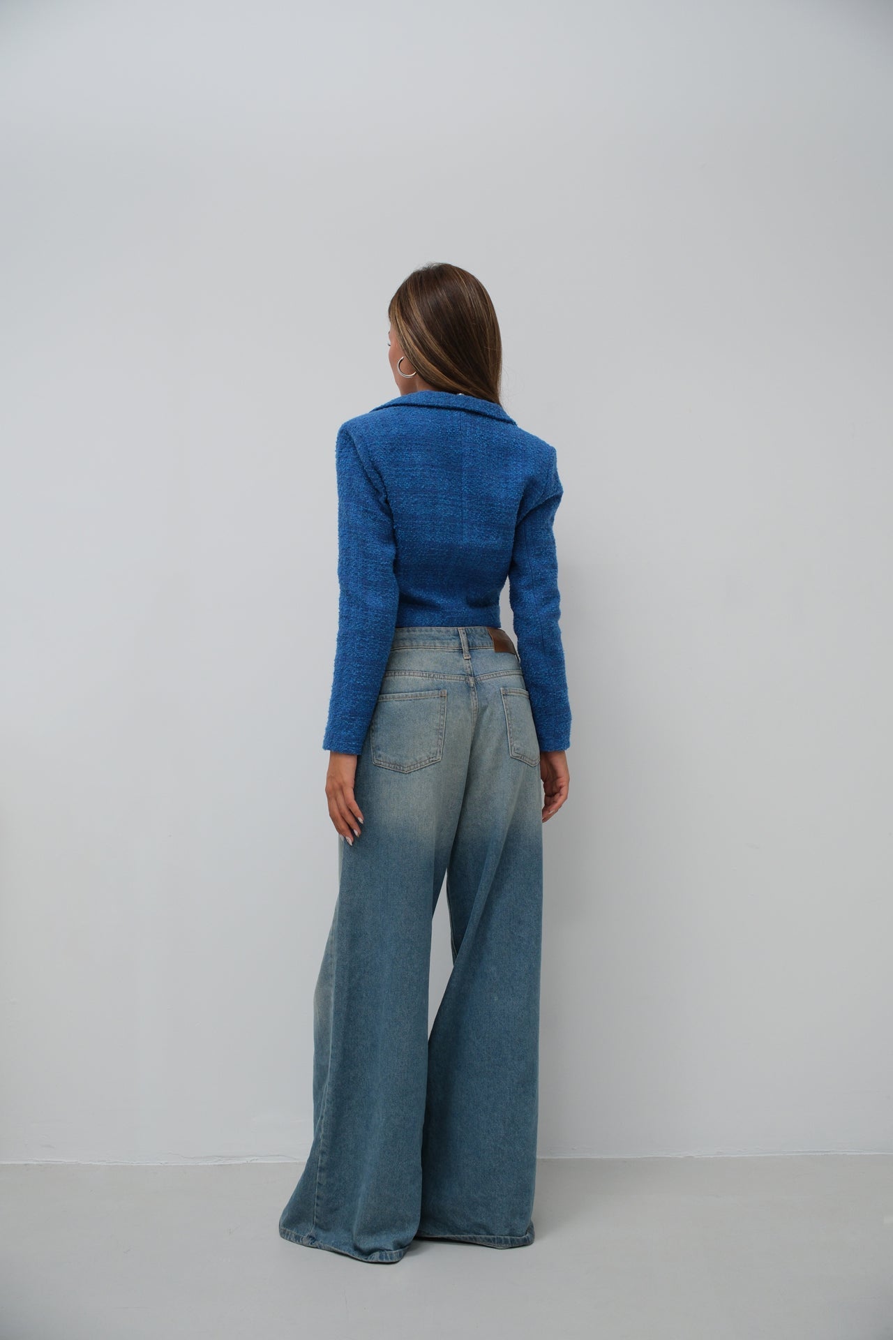 Tweed Crop Sax Blue Blazer Jacket