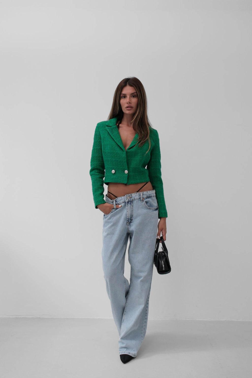 Tweed Crop Green Blazer Jacket