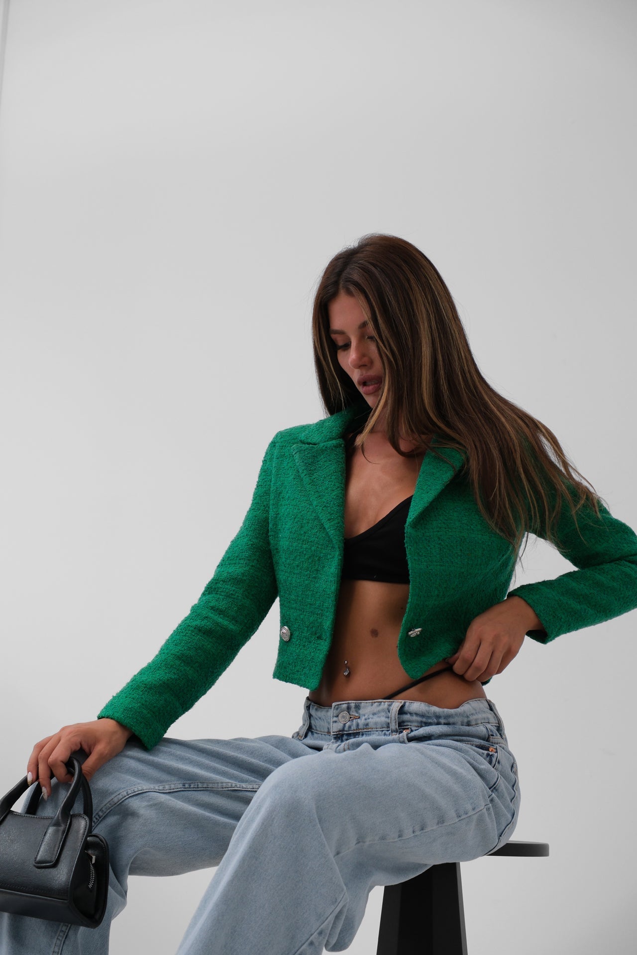 Tweed Crop Green Blazer Jacket