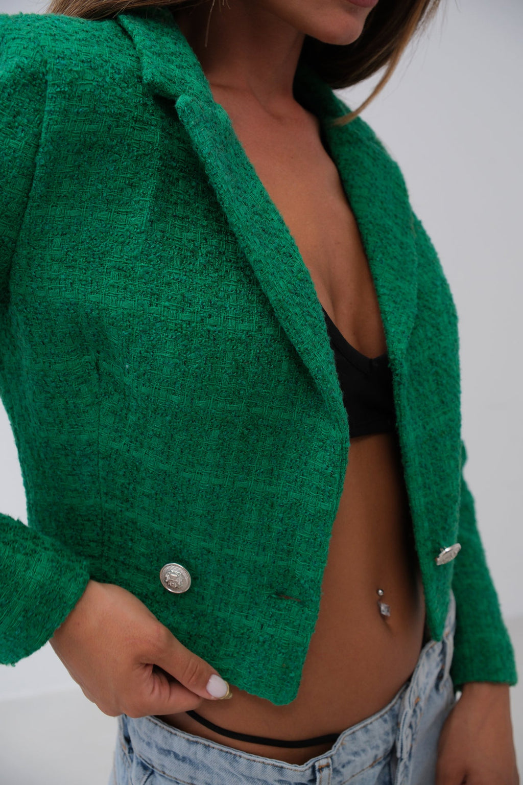 Tweed Crop Green Blazer Jacket