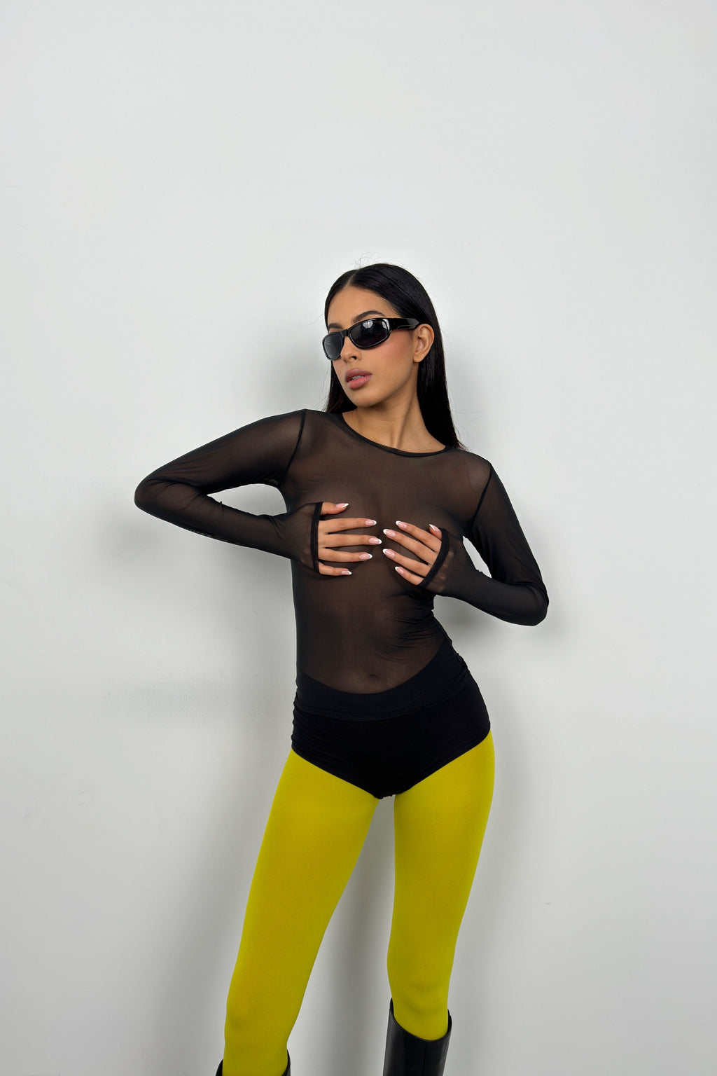 Long Sleeve Tulle Black Blouse