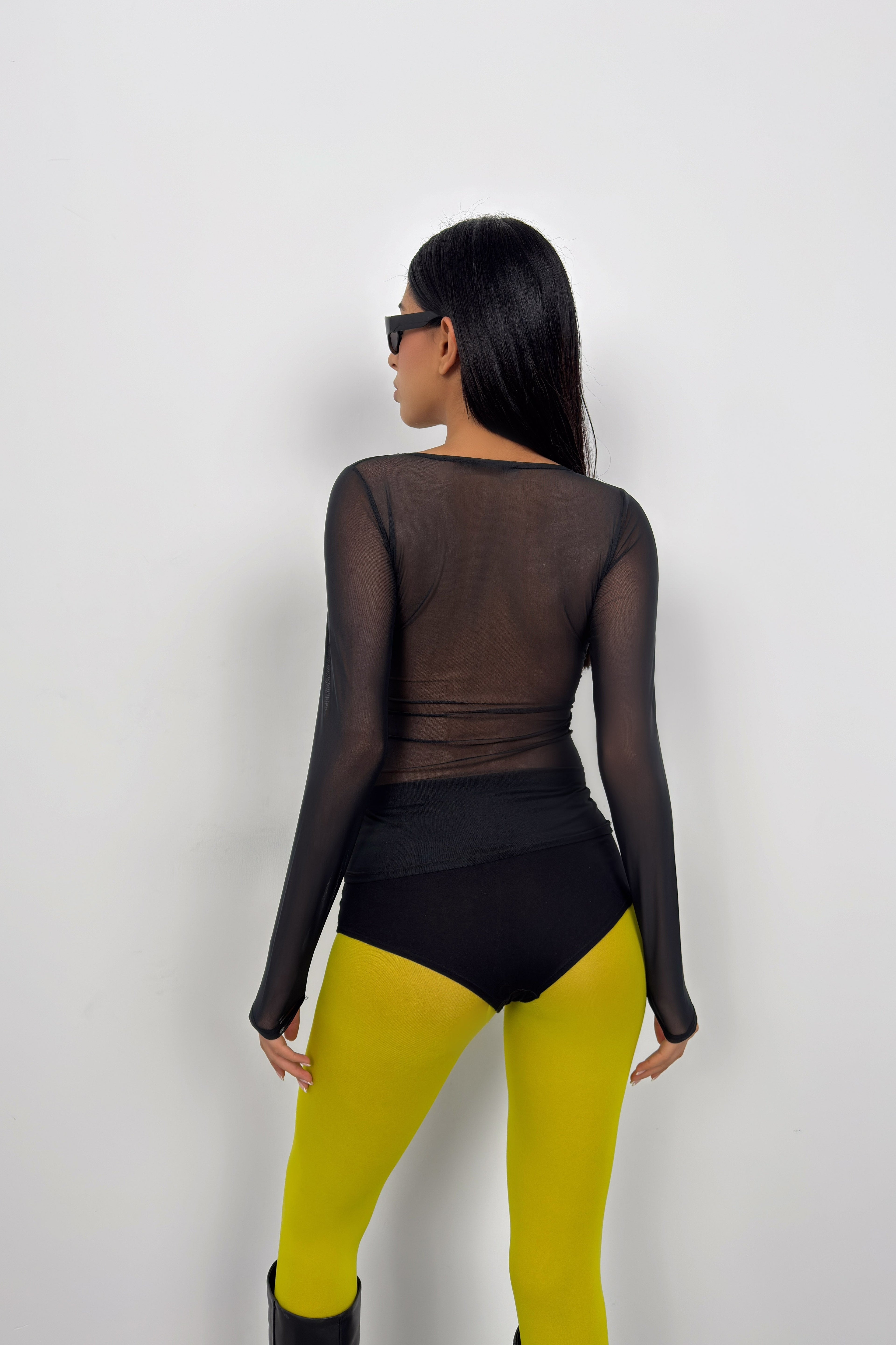 Long Sleeve Tulle Black Blouse