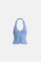 V Detail Textured Crop Baby Blue Blouse