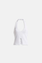 V Detail Textured Crop White Blouse