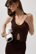 V Detail Textured Crop Brown Blouse