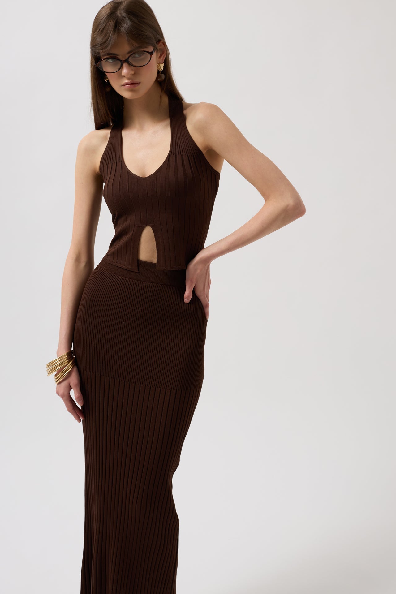 V Detail Textured Crop Brown Blouse