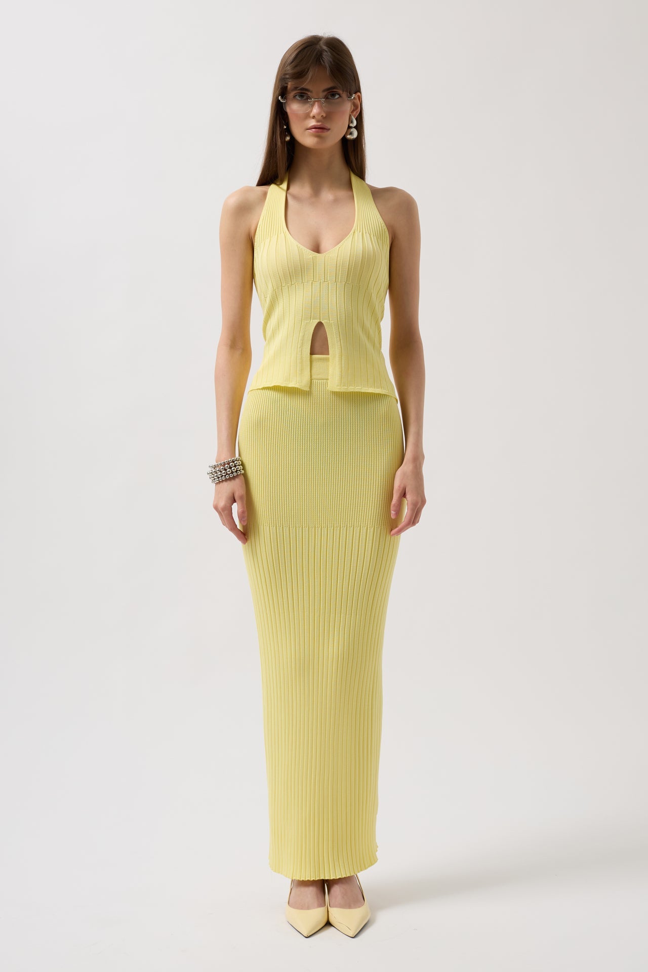 V Detail Textured Crop Yellow Blouse