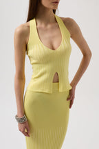 V Detail Textured Crop Yellow Blouse