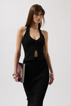 V Detail Textured Crop Black Blouse