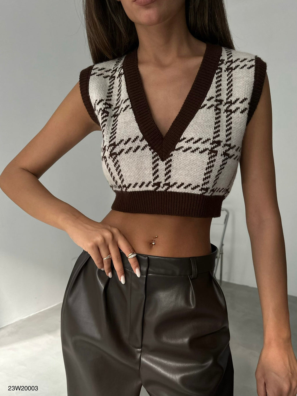 V-Neck Beige Brown Crop Sweater Vest