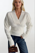V-Neck Waist-Fitted Ecru Knit Sweater