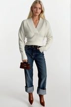 V-Neck Waist-Fitted Ecru Knit Sweater