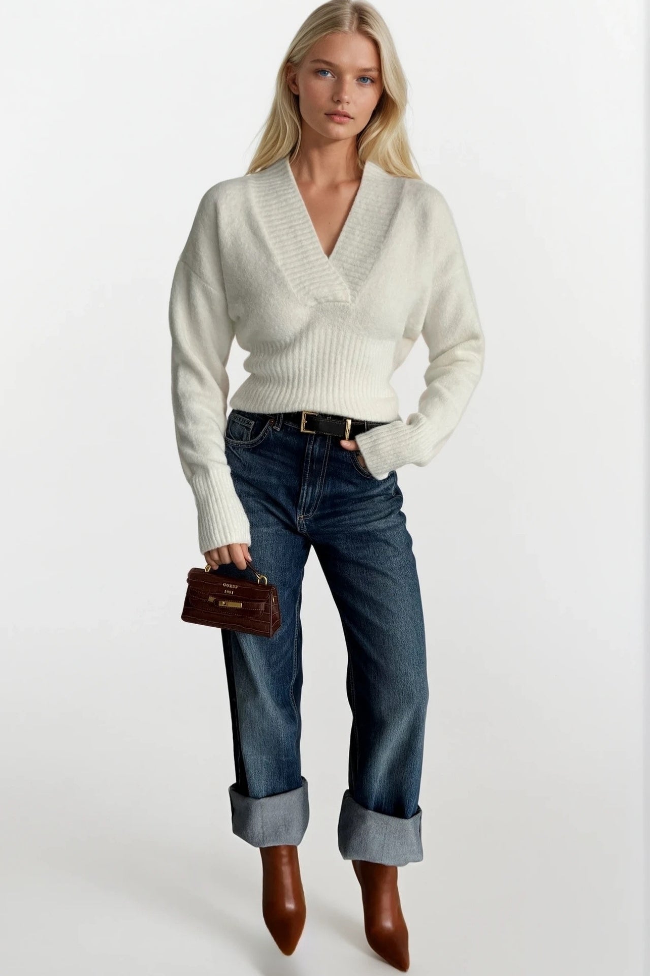 V-Neck Waist-Fitted Ecru Knit Sweater