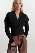 V-Neck Waist-Fitted Black Knit Sweater