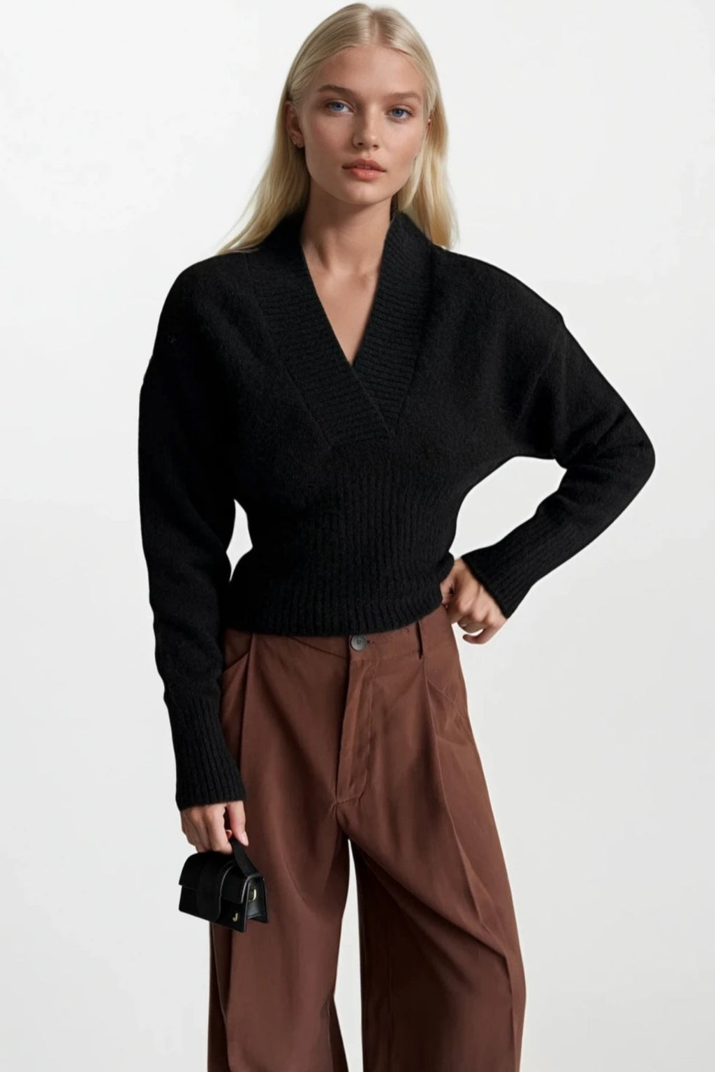 V-Neck Waist-Fitted Black Knit Sweater