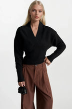 V-Neck Waist-Fitted Black Knit Sweater