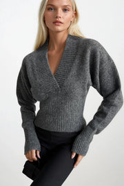 Anthracite Knitted Sweater with V-Neck and Fitted Waist