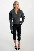 V-Neck Waist-Fitted Anthracite Knit Sweater