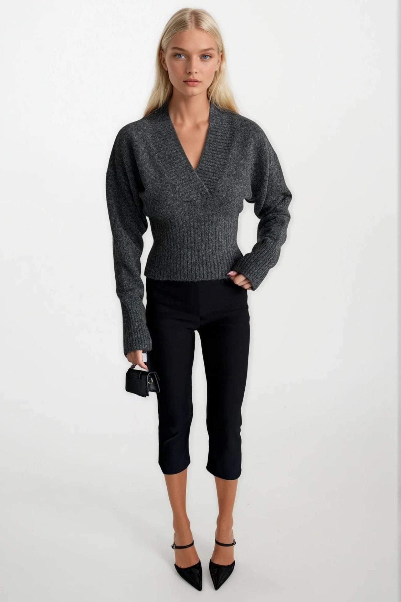 V-Neck Waist-Fitted Anthracite Knit Sweater