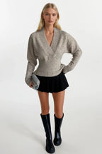 V-Neck Waist-Fitted Beige Knit Sweater