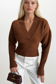 Brown V-Neck Fitted Knit Sweater
