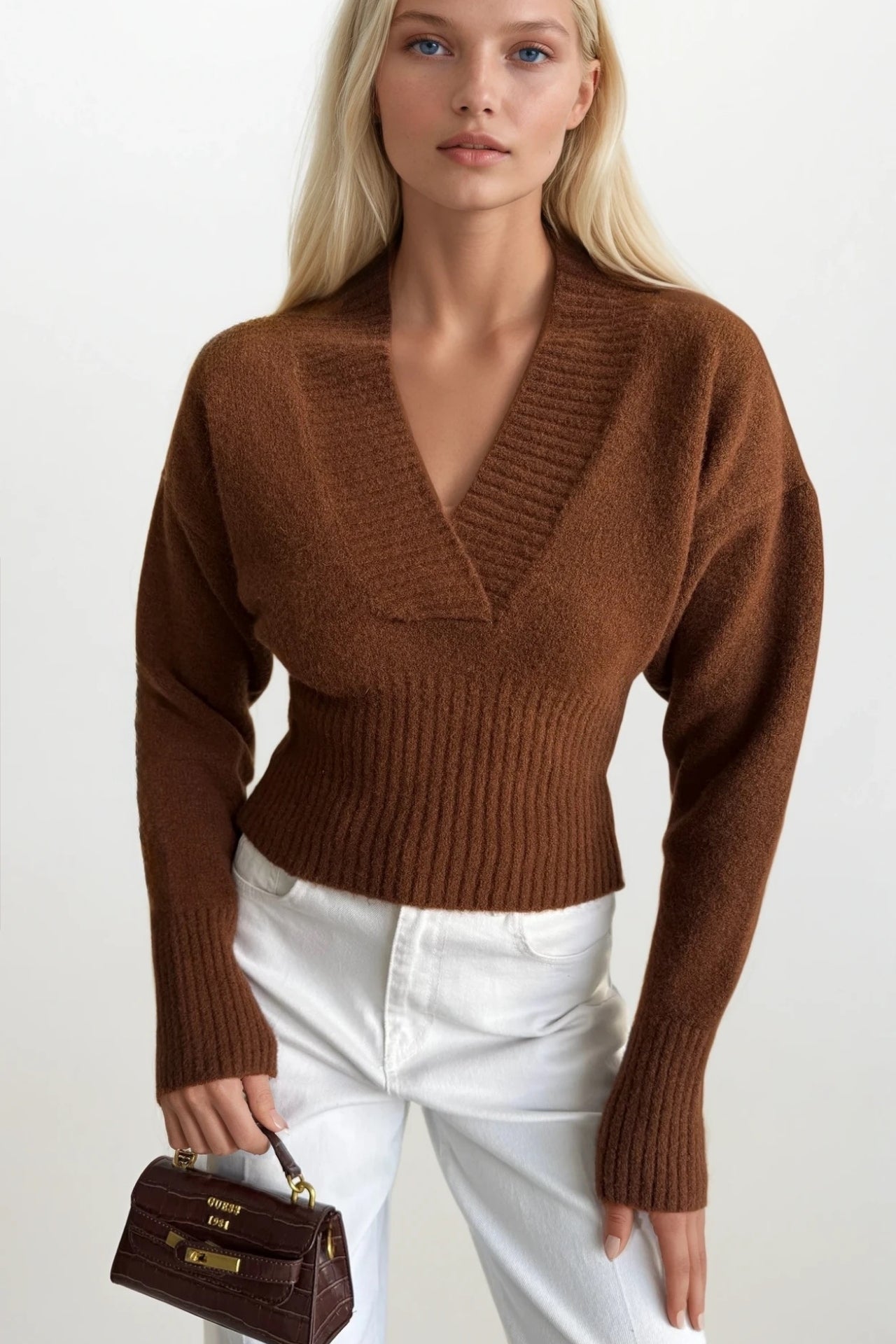 V-Neck Waist-Fitted Brown Knit Sweater