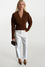 V-Neck Waist-Fitted Brown Knit Sweater