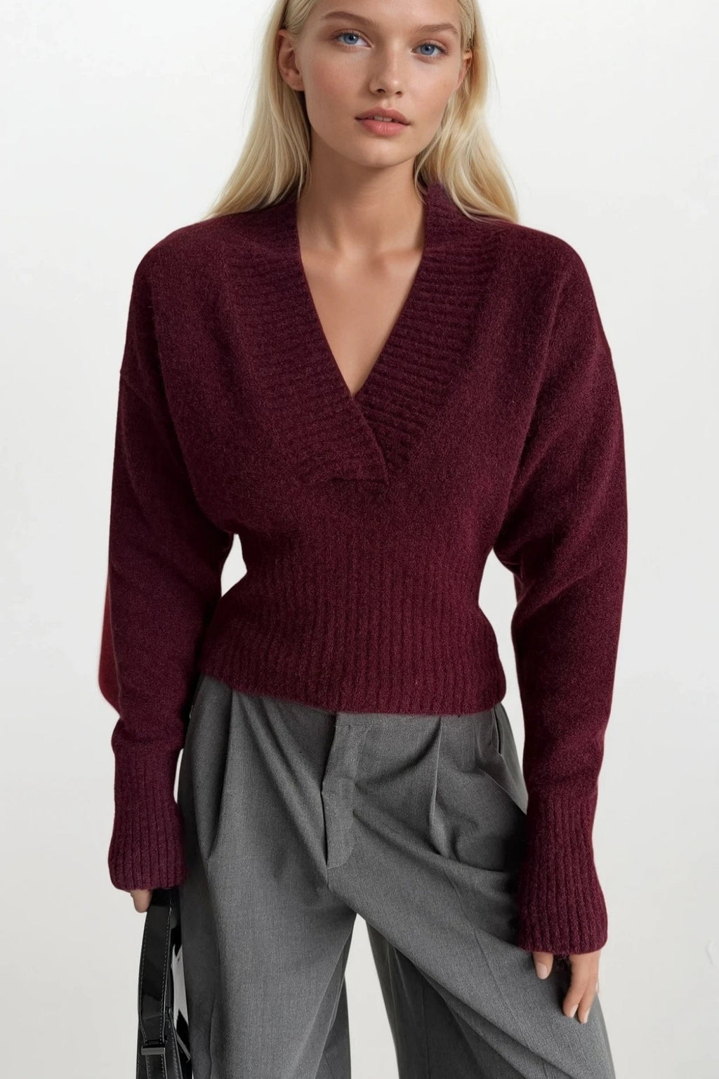 V-Neck Waist-Fitted Burgundy Knit Sweater