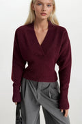 V-Neck Waist-Fitted Burgundy Knit Sweater
