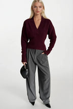 V-Neck Waist-Fitted Burgundy Knit Sweater