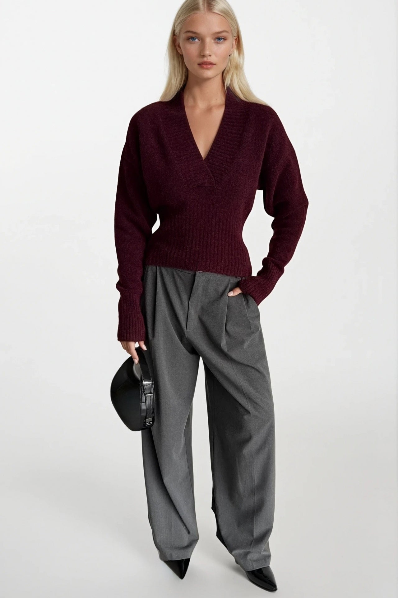 V-Neck Waist-Fitted Burgundy Knit Sweater