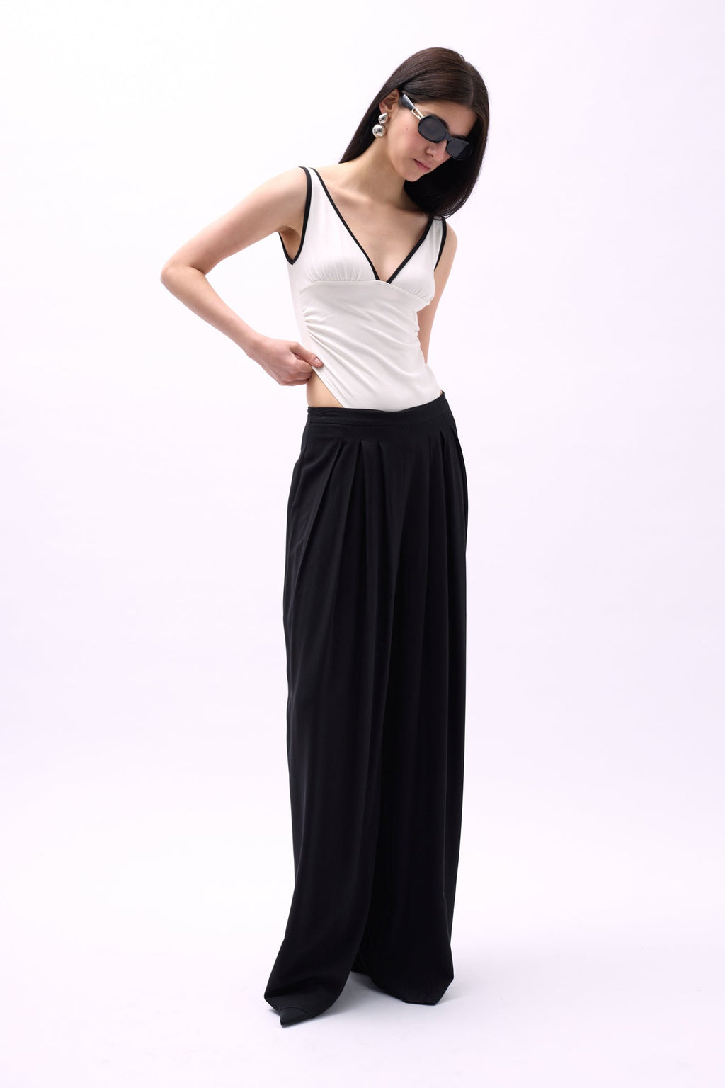 V-Neck Piping Detail White Bodysuit