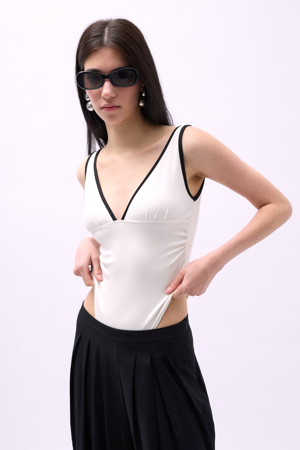 V-Neck Piping Detail White Bodysuit