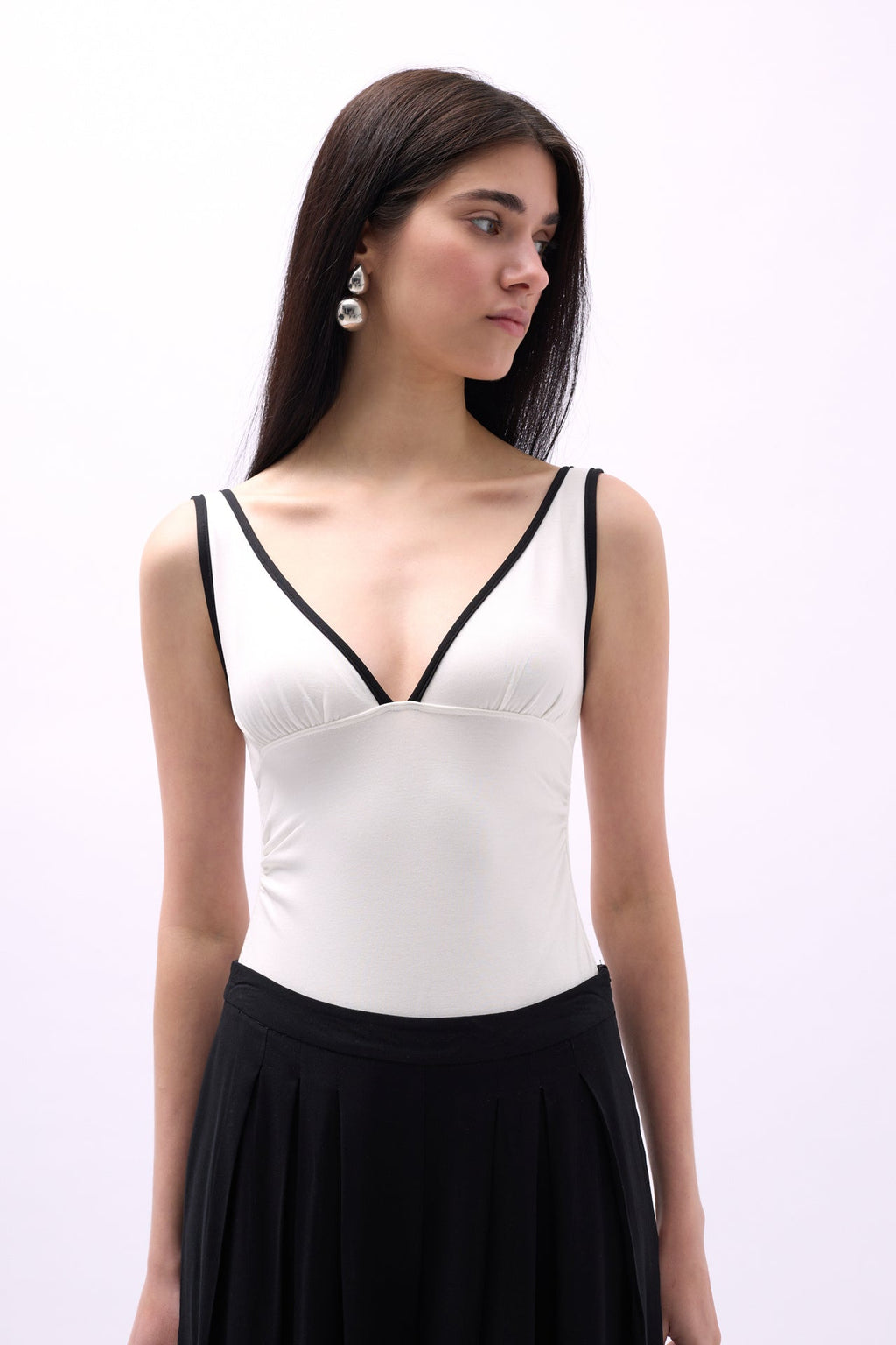 V-Neck Piping Detail White Bodysuit
