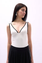 V-Neck Piping Detail White Bodysuit