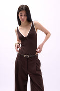 V-Neck Piping Detail Brown Bodysuit
