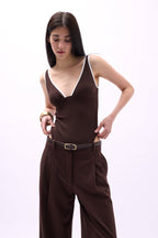 V-Neck Piping Detail Brown Bodysuit
