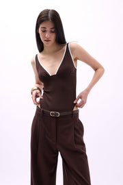 V Neck Piping Detail Brown Bodysuit