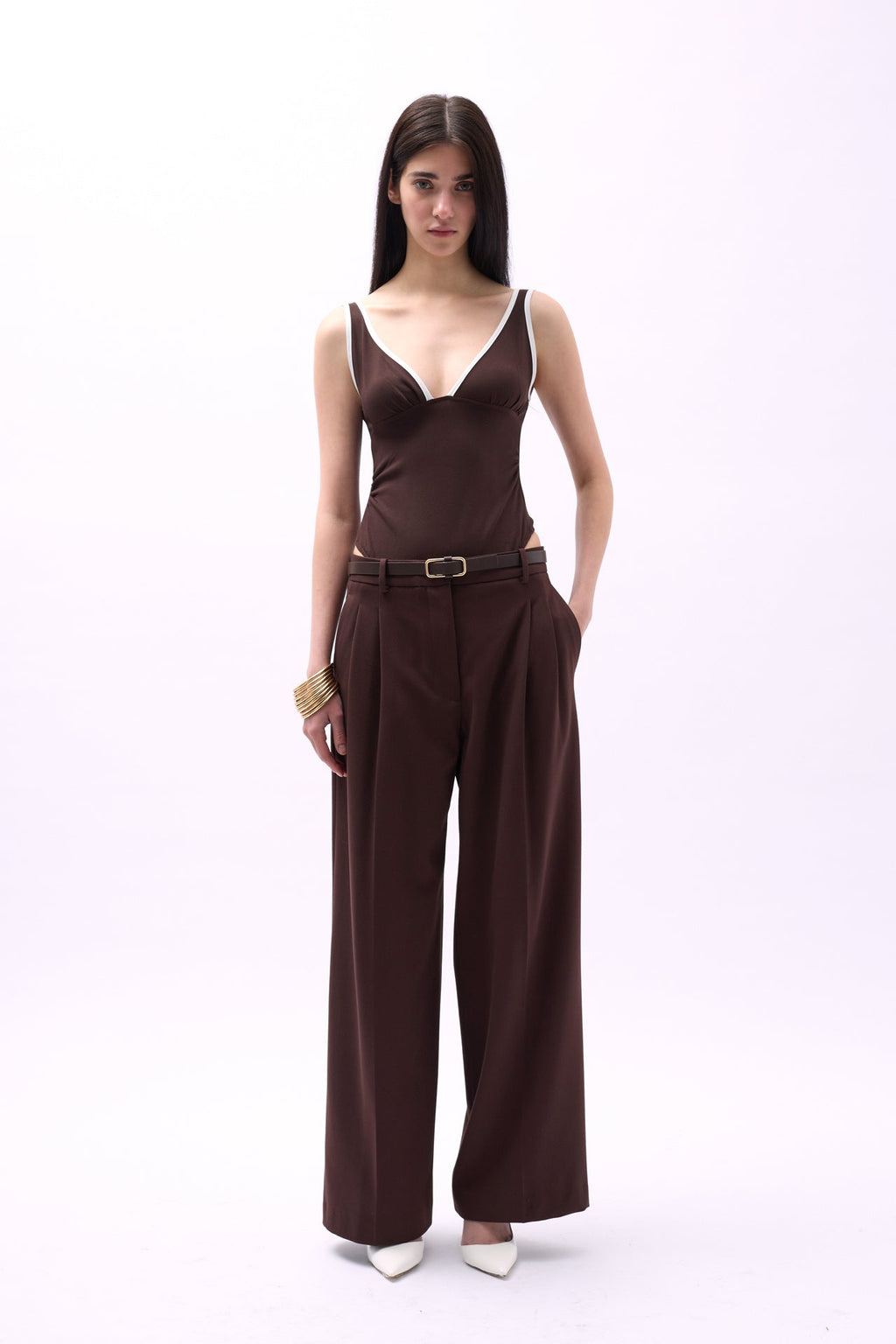 V-Neck Piping Detail Brown Bodysuit