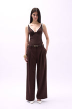 V-Neck Piping Detail Brown Bodysuit