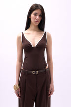 V-Neck Piping Detail Brown Bodysuit