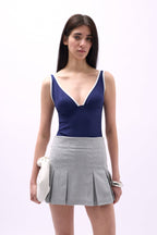 V Neck Biye Detail Navy Bodysuit