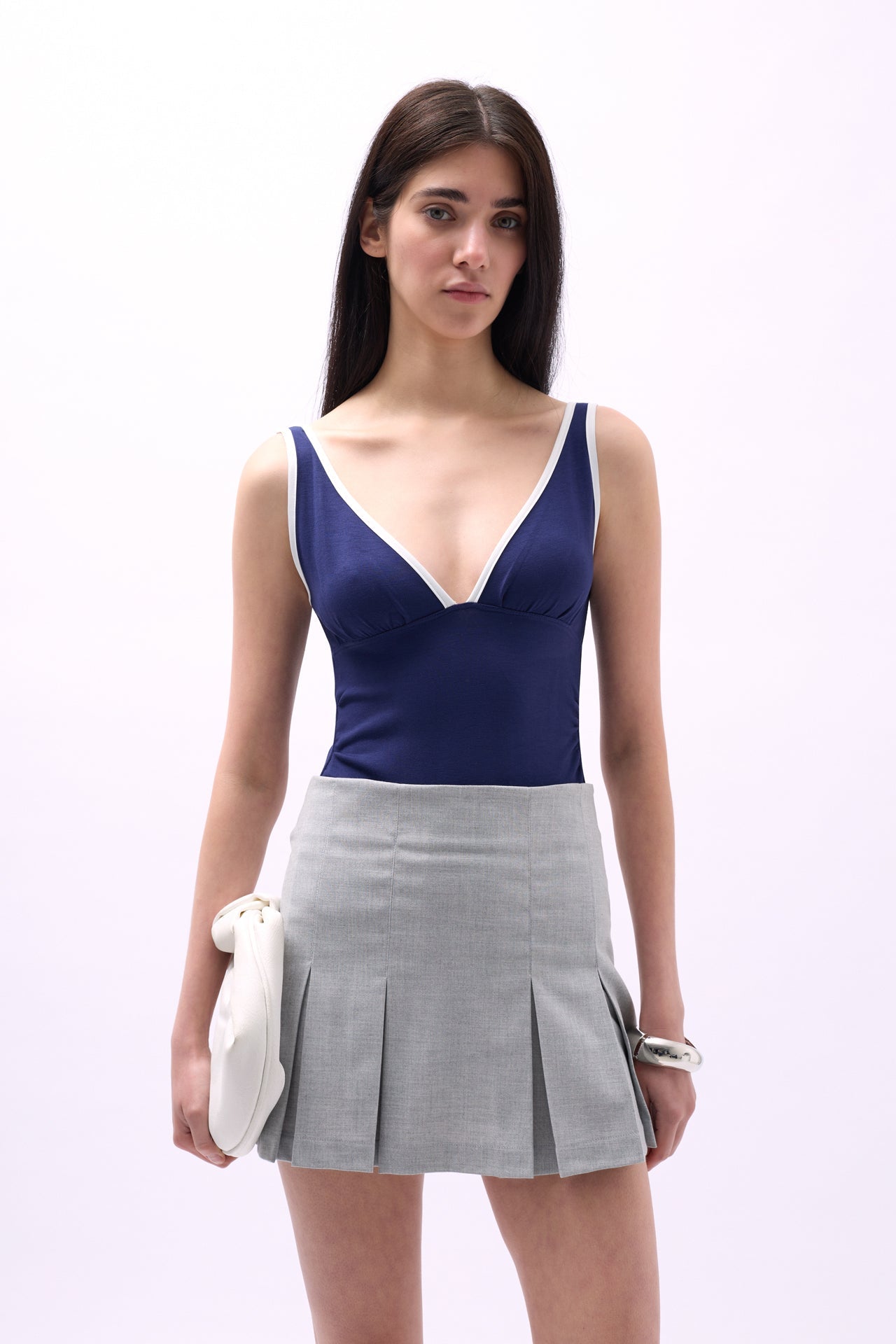 V Neck Biye Detail Navy Bodysuit