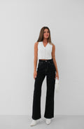V-Neck Snap Button White Knit Vest