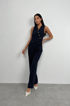 V-Neck Striped Navy Blue Double-Breasted Vest