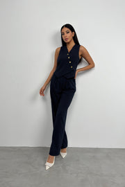 V Neck Striped Navy Blue Double Breasted Vest