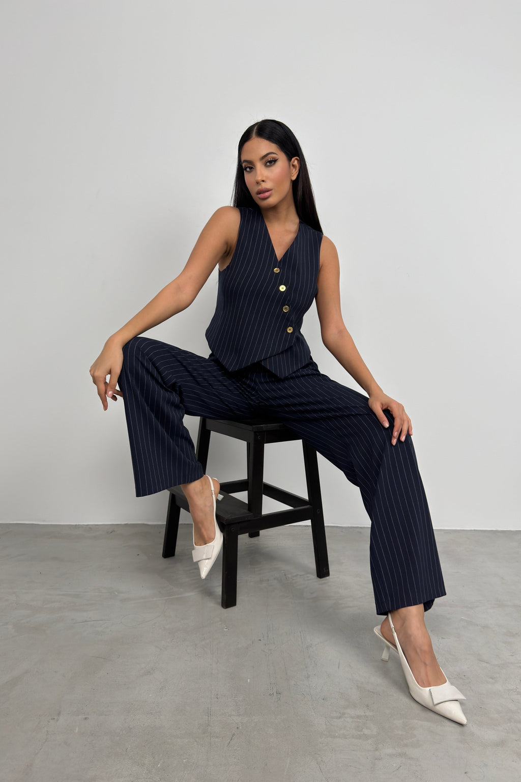 V-Neck Striped Navy Blue Double-Breasted Vest