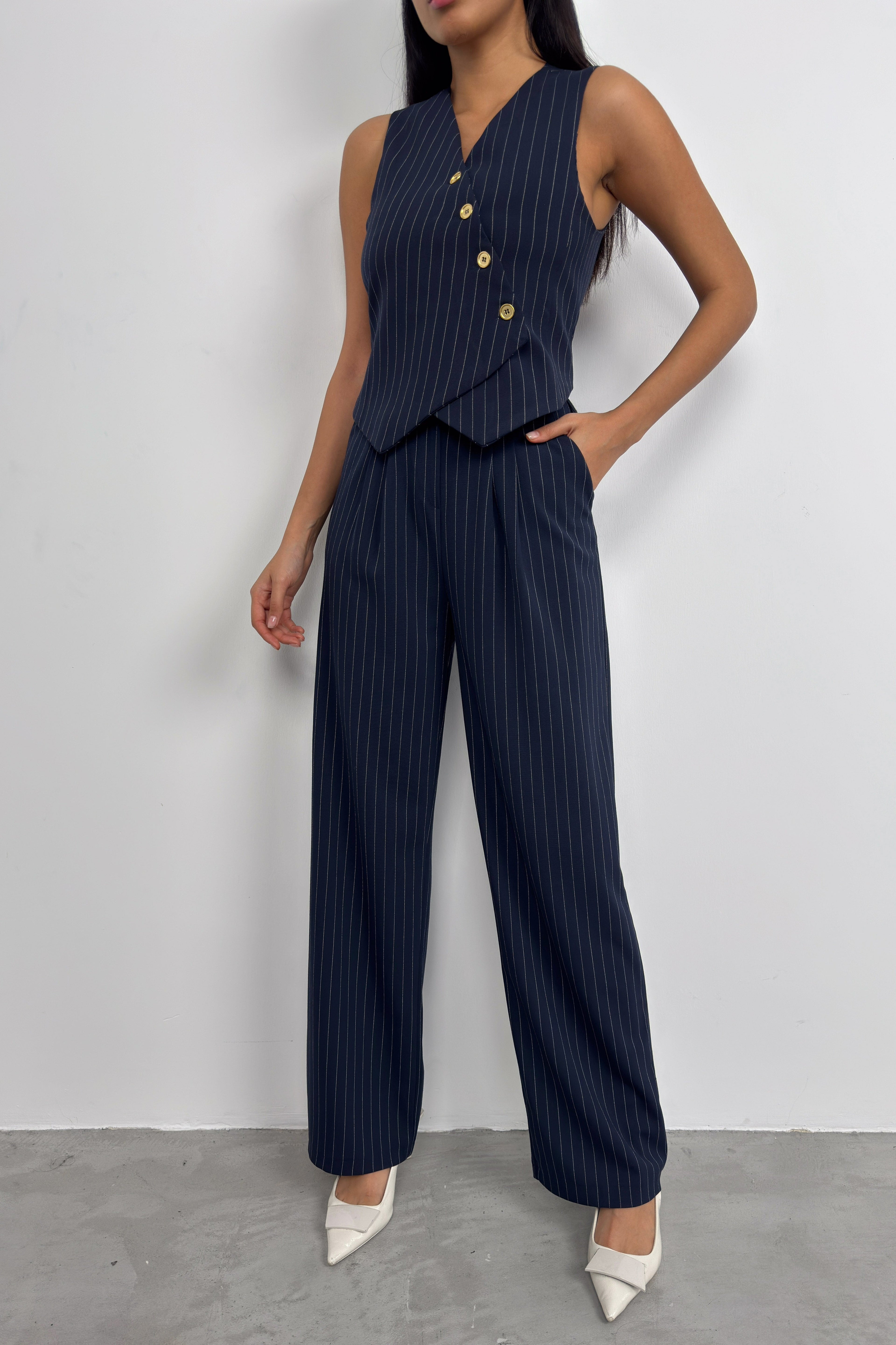 V-Neck Striped Navy Blue Double-Breasted Vest