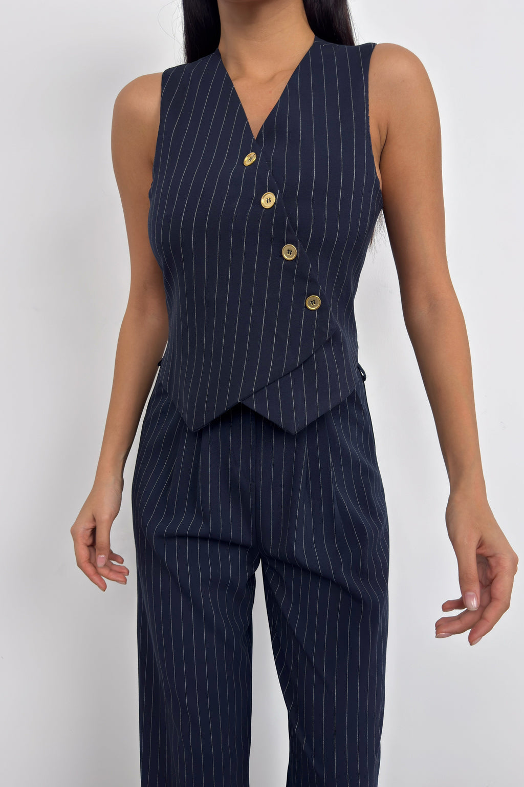 V-Neck Striped Navy Blue Double-Breasted Vest